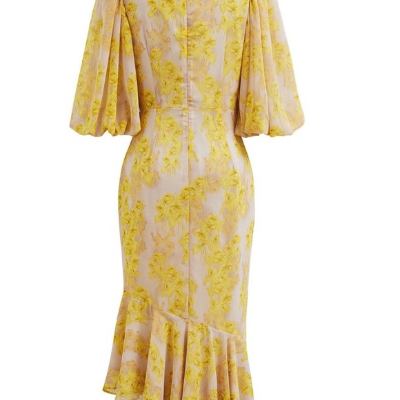 YELLOW BLOSSOM DRAWSTRING ASYMMETRIC RUFFLE MIDI DRESS - Picture 2 of 7